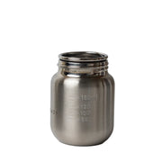 Stainless steel tumbler with measurement markings on white background