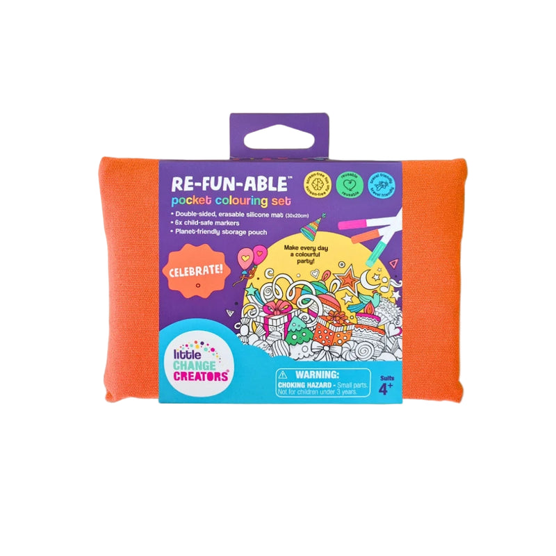 Re-Fun-Able pocket colouring set packaging on a gradient background