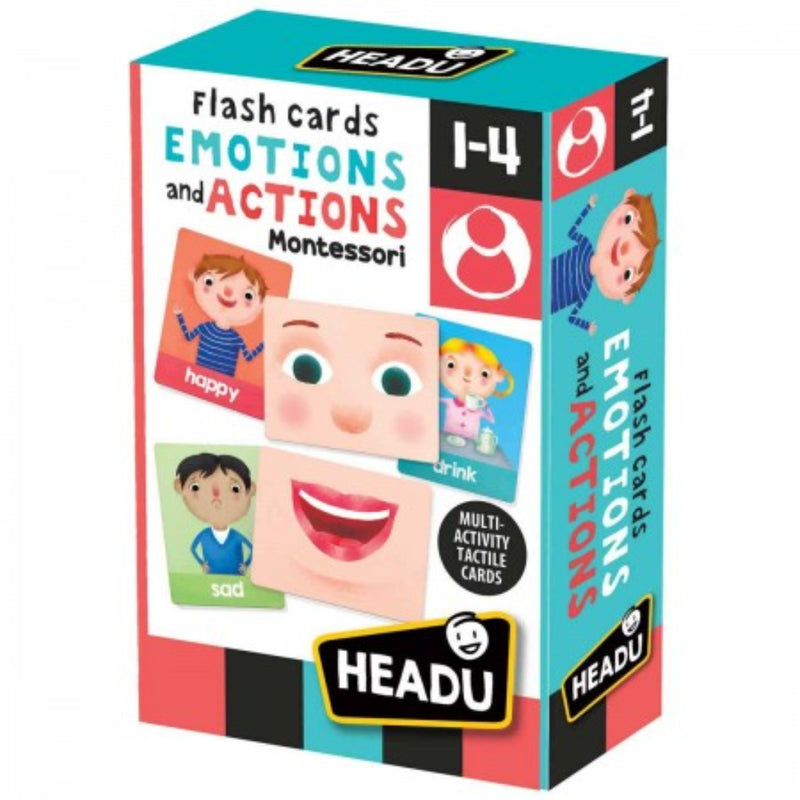 Set of 40 tactile flashcards for educational play, designed to help children recognize emotions, facial expressions, and everyday actions. Includes 24 emotion cards and 16 action cards, all with a textured emery surface for sensory learning. Encourages vocabulary development, imagination, and emotional awareness. Montessori-inspired, with a teaching guide for parents and educators. Made from durable, chunky cardboard.