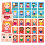 Set of 40 tactile flashcards for educational play, designed to help children recognize emotions, facial expressions, and everyday actions. Includes 24 emotion cards and 16 action cards, all with a textured emery surface for sensory learning. Encourages vocabulary development, imagination, and emotional awareness. Montessori-inspired, with a teaching guide for parents and educators. Made from durable, chunky cardboard.