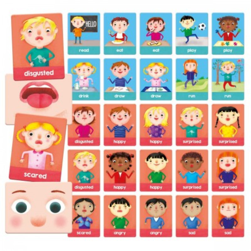 Set of 40 tactile flashcards for educational play, designed to help children recognize emotions, facial expressions, and everyday actions. Includes 24 emotion cards and 16 action cards, all with a textured emery surface for sensory learning. Encourages vocabulary development, imagination, and emotional awareness. Montessori-inspired, with a teaching guide for parents and educators. Made from durable, chunky cardboard.