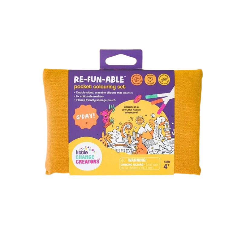 A reusable coloring set packaged in a fabric pouch with a silicone mat and markers, designed for travel and screen-free activities.