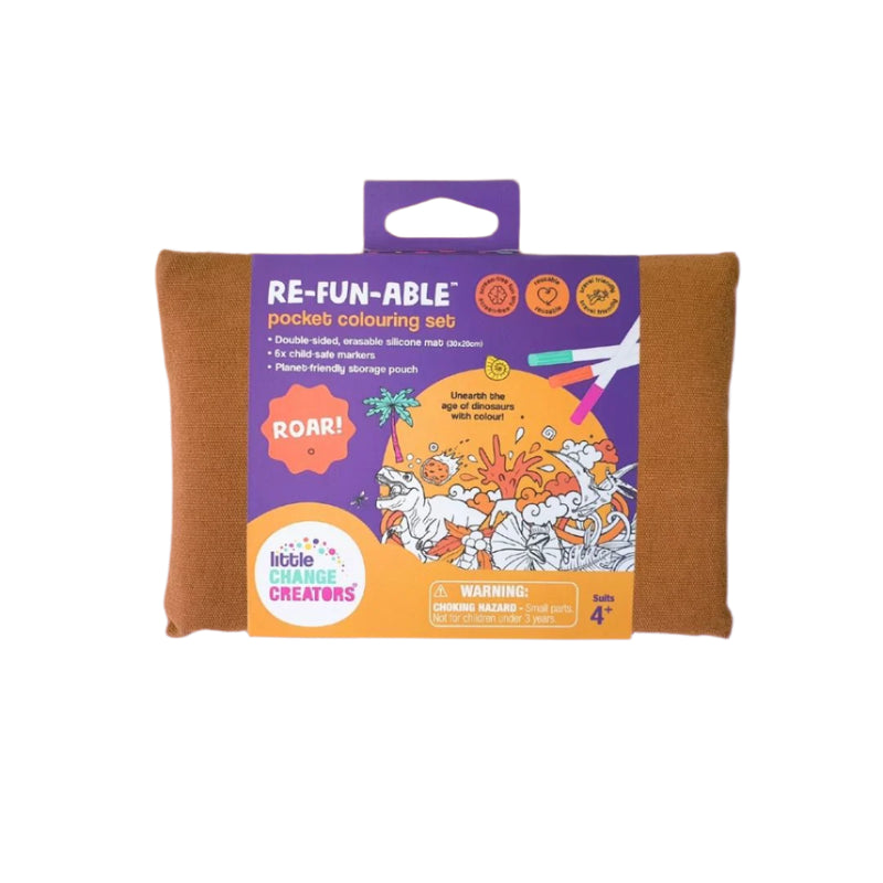 A reusable coloring set packaged in a fabric pouch with a silicone mat and markers, designed for travel and screen-free activities.