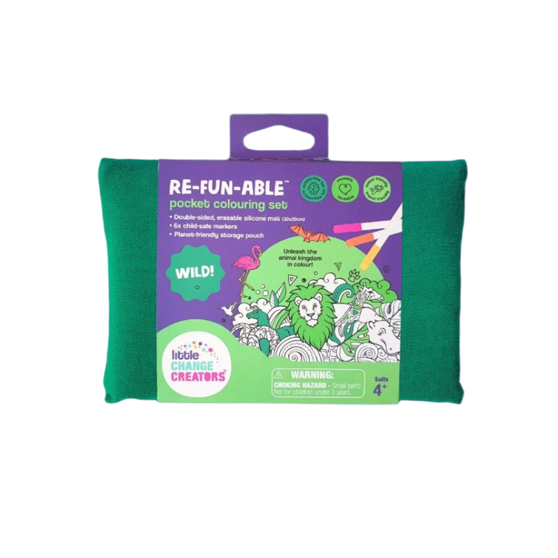 A reusable coloring set packaged in a fabric pouch with a silicone mat and markers, designed for travel and screen-free activities.