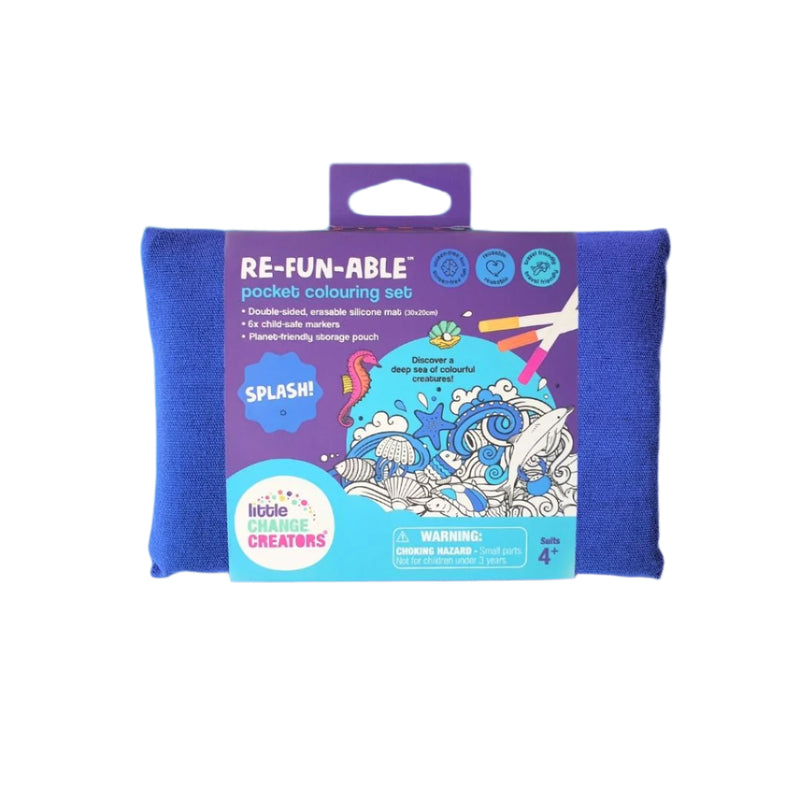 A reusable coloring set packaged in a fabric pouch with a silicone mat and markers, designed for travel and screen-free activities.