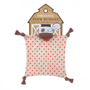 Soft organic cotton jersey blankie with an animal head featuring a gentle internal rattle for sensory exploration. Made with eco-friendly materials, including GOTS-certified fabric and natural corn fiber filling. Packaged on a recycled paper card printed with soy ink, perfect for gifting or retail display. Hand wash in cold water, dry naturally. Not suitable for babies under seven months in sleep environments.