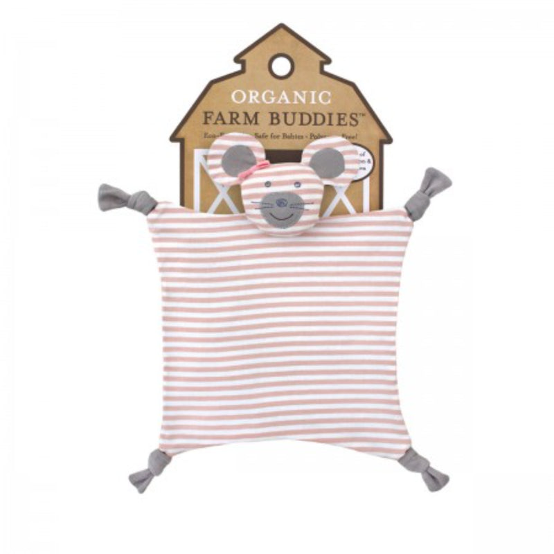 Soft organic cotton jersey blankie with an animal head featuring a gentle internal rattle for sensory exploration. Made with eco-friendly materials, including GOTS-certified fabric and natural corn fiber filling. Packaged on a recycled paper card printed with soy ink, perfect for gifting or retail display. Hand wash in cold water, dry naturally. Not suitable for babies under seven months in sleep environments.