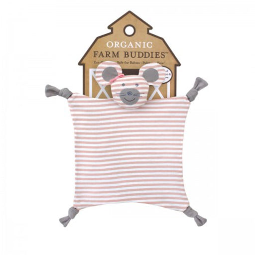 Soft organic cotton jersey blankie with an animal head featuring a gentle internal rattle for sensory exploration. Made with eco-friendly materials, including GOTS-certified fabric and natural corn fiber filling. Packaged on a recycled paper card printed with soy ink, perfect for gifting or retail display. Hand wash in cold water, dry naturally. Not suitable for babies under seven months in sleep environments.