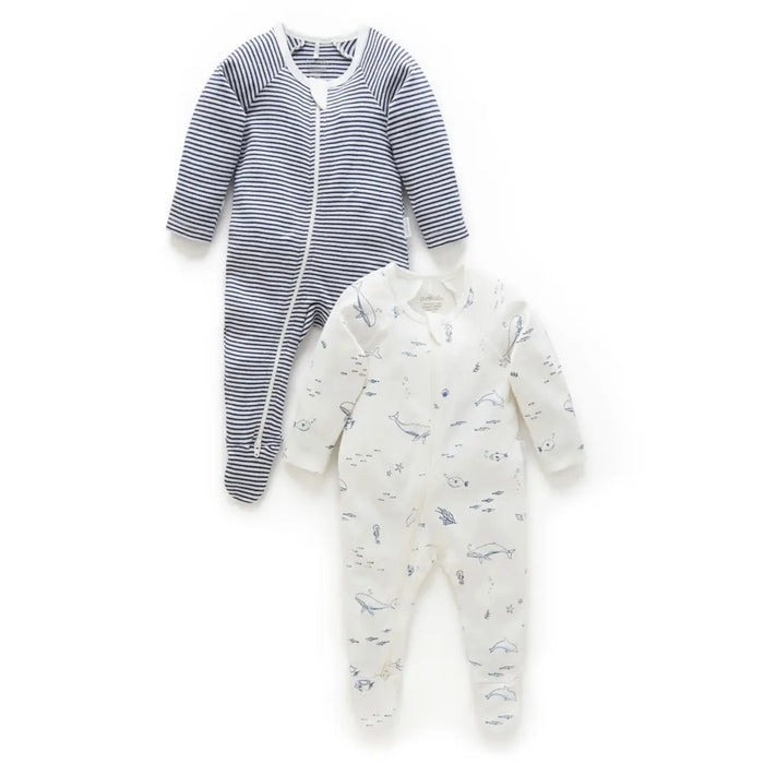 Purebaby Essentials 2pk Zip Growsuit - Vanilla Nautical