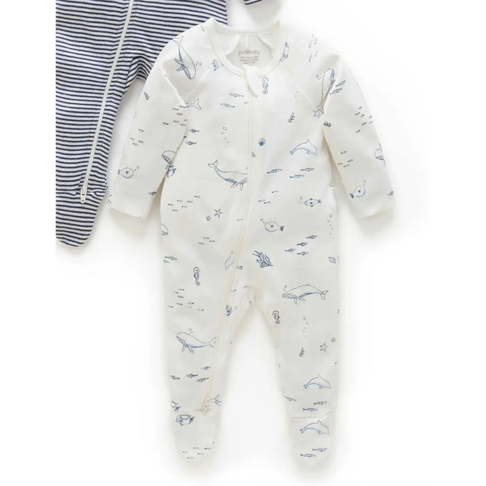 Purebaby Essentials 2pk Zip Growsuit - Vanilla Nautical