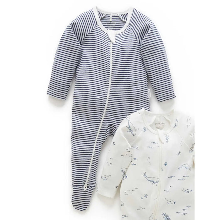 Purebaby Essentials 2pk Zip Growsuit - Vanilla Nautical