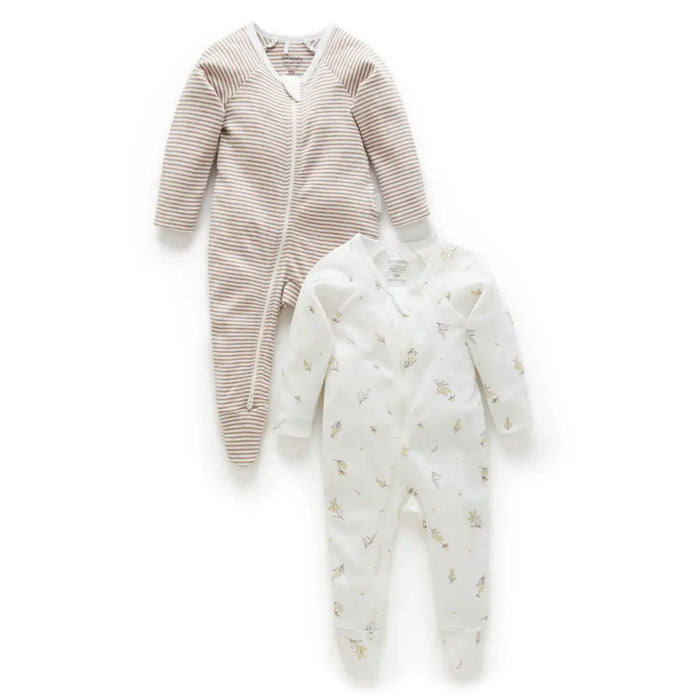 Purebaby Essentials 2pk Zip Growsuit - Vanilla Wattle Bee