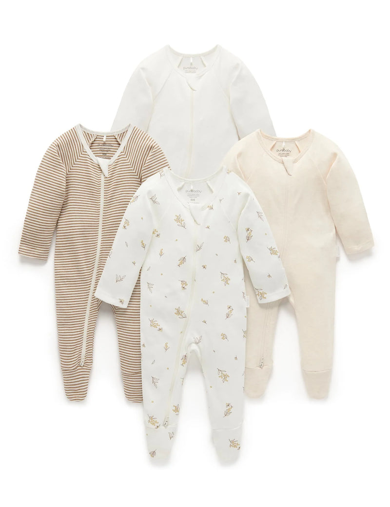 Purebaby - Essentials Zip Growsuit 4 pack