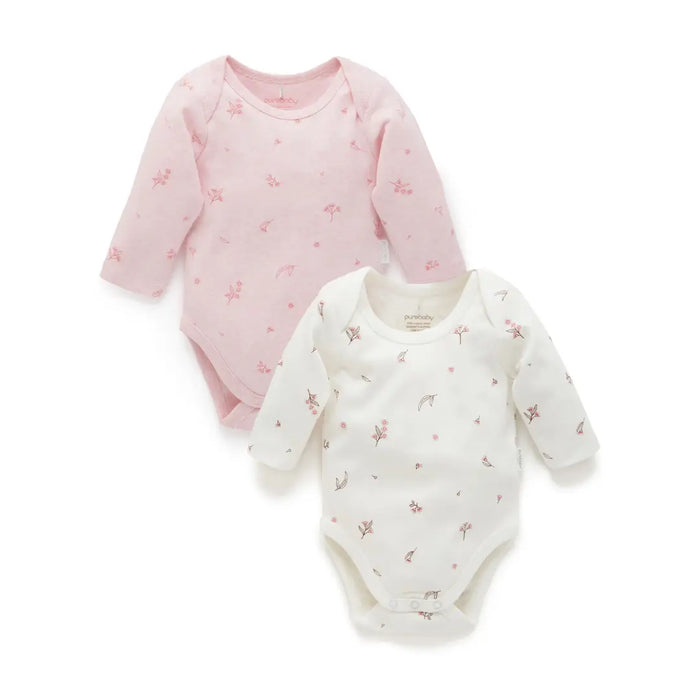 Purebaby Essentials Easy Neck Long sleeve 2pk Bodysuit - Pale Pink Blossom