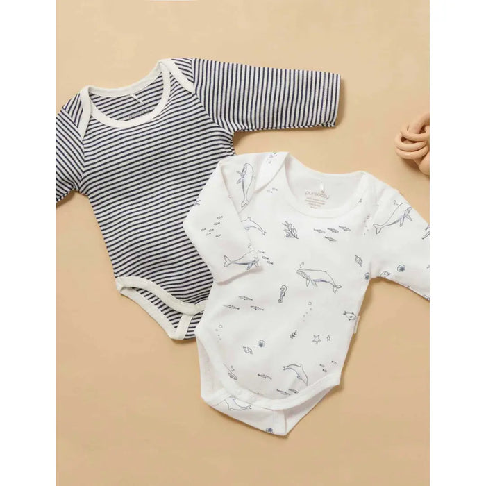 Purebaby Essentials Easy Neck Long sleeve 2pk Bodysuit - Vanilla Nautical