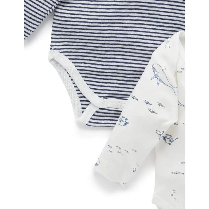 Purebaby Essentials Easy Neck Long sleeve 2pk Bodysuit - Vanilla Nautical