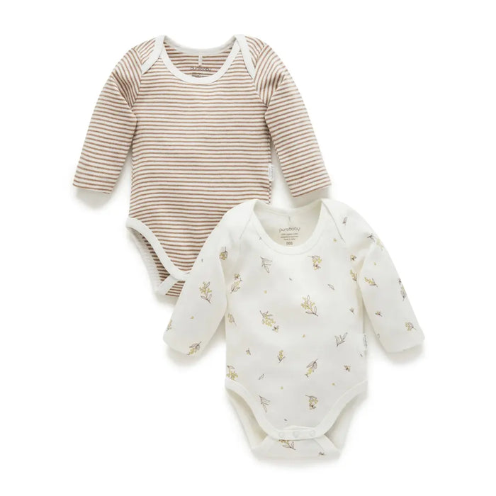 Purebaby Essentials Easy Neck Long sleeve 2pk Bodysuit - Vanilla Wattle Bee