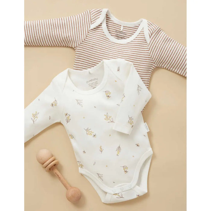 Purebaby Essentials Easy Neck Long sleeve 2pk Bodysuit - Vanilla Wattle Bee