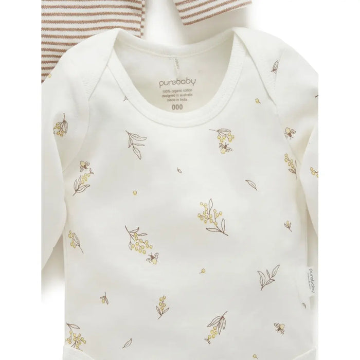 Purebaby Essentials Easy Neck Long sleeve 2pk Bodysuit - Vanilla Wattle Bee