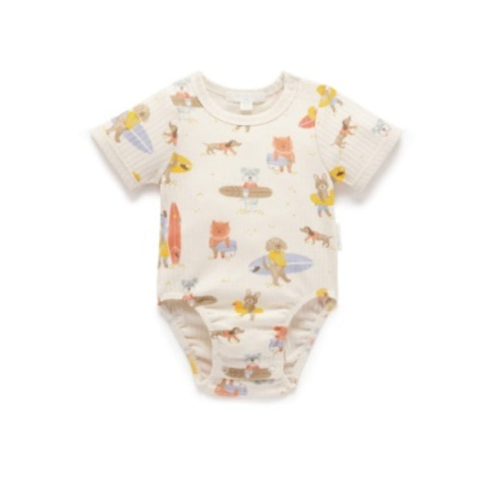 PureBaby - Surfing Dogs Ribbed Short Sleeve Bodysuit