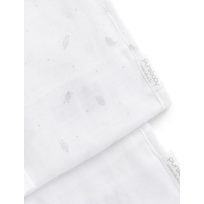 PureBaby - Muslin Face Washer - 2pack - Pale Grey Leaf with Spots