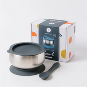 Children's stainless steel suction bowl, spoon, and box on a white background