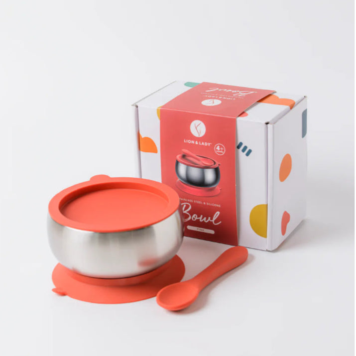 Children's stainless steel suction bowl, spoon, and box on a white background