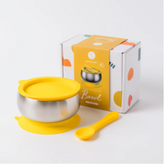 Children's stainless steel suction bowl, spoon, and box on a white background