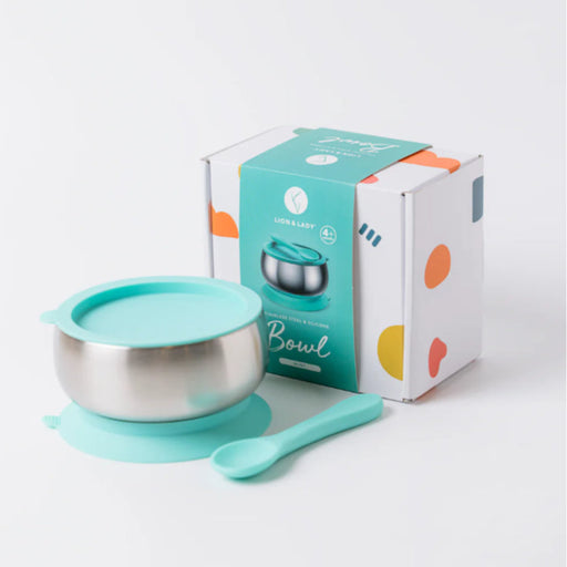 Children's stainless steel suction bowl, spoon, and box on a white background