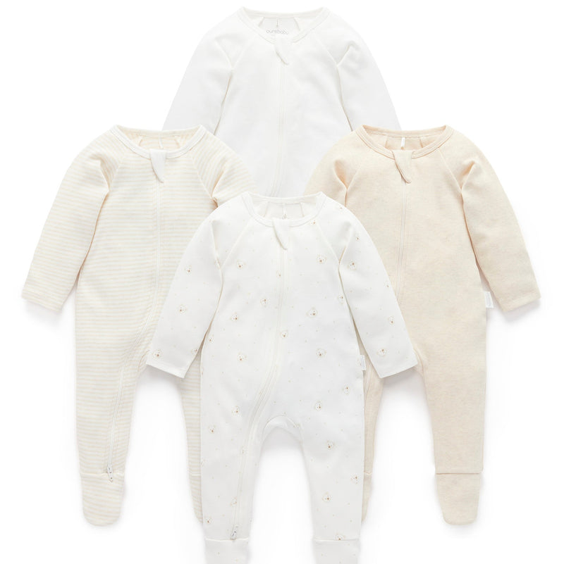 Purebaby - Essentials Zip Growsuit 4 pack
