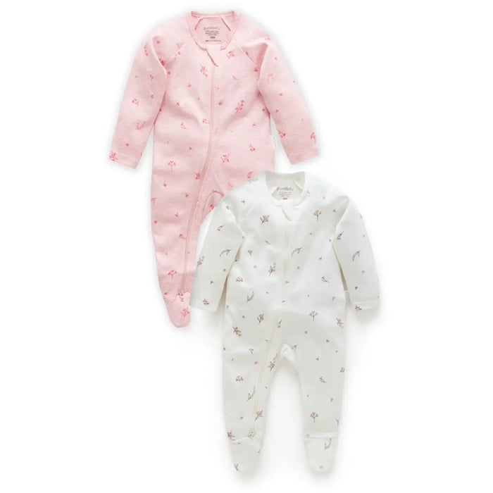 Purebaby Essentials 2pk Zip Growsuit - Pale Pink Blossom