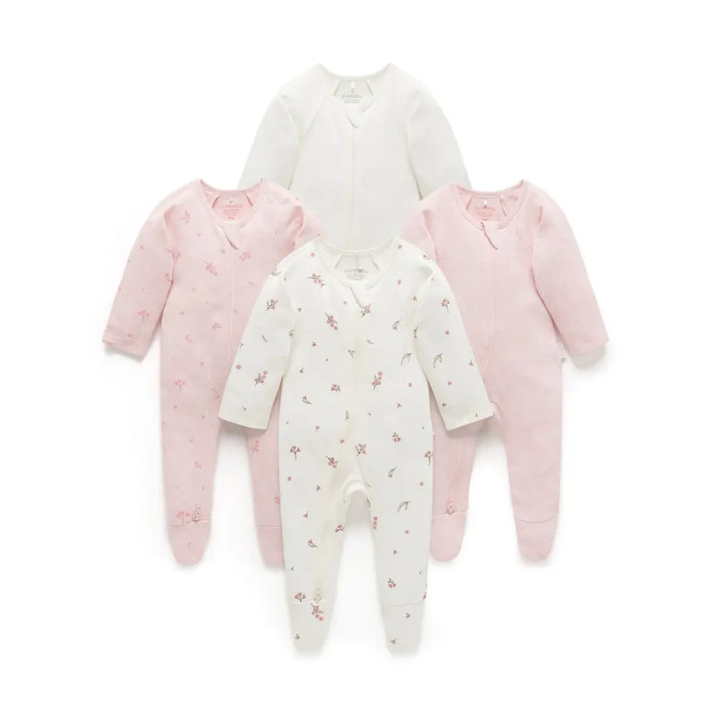 Purebaby - Essentials Zip Growsuit 4 pack
