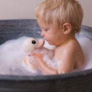 HEVEA® Kawan Rubber Duck - Mini, a Scandinavian-designed, 100% natural rubber bath toy. Plant-based, vegan-certified, and hand-painted with natural, FDA-approved pigments. Designed without holes to prevent mold, making it safe and hygienic. Soft yet textured for teething, perfect for bath time, the beach, or playroom adventures. Eco-friendly and biodegradable, ensuring a greener planet.
