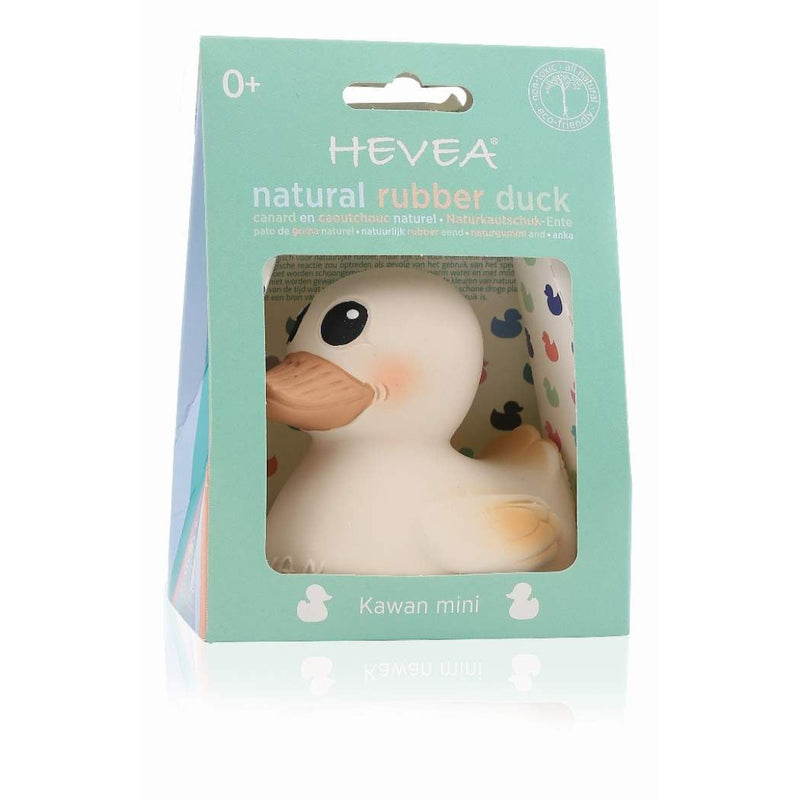 HEVEA® Kawan Rubber Duck - Mini, a Scandinavian-designed, 100% natural rubber bath toy. Plant-based, vegan-certified, and hand-painted with natural, FDA-approved pigments. Designed without holes to prevent mold, making it safe and hygienic. Soft yet textured for teething, perfect for bath time, the beach, or playroom adventures. Eco-friendly and biodegradable, ensuring a greener planet.