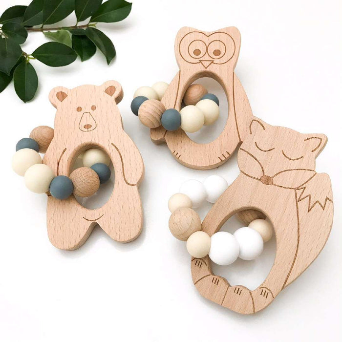 Animal Silicone and Beech Wood Teether