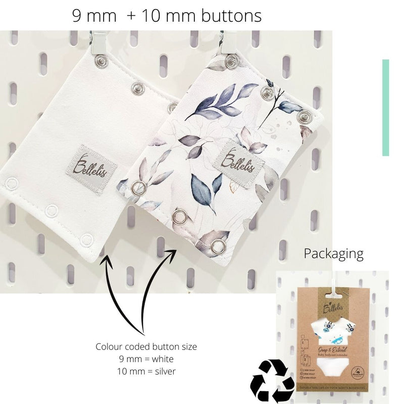 2x Snap & Extend® Bodysuit Extender - White and leaves (assorted button size)